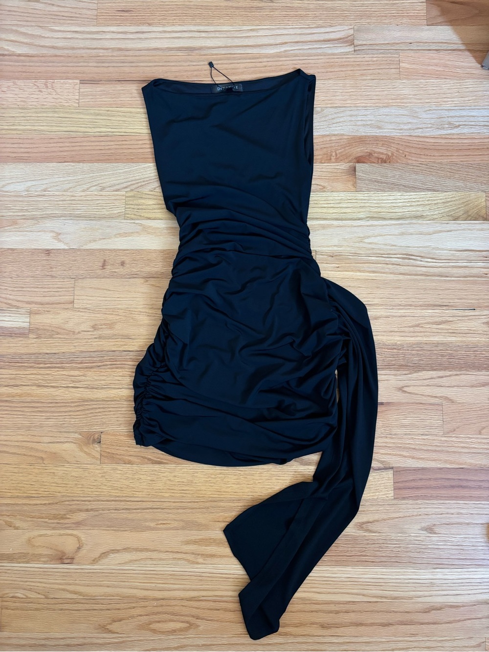 Dynamite Black Ruched Mini Dress with Draped Sash